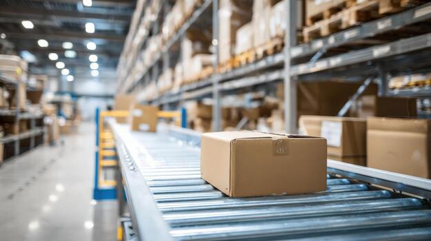 Automated Conveyor System Transporting Cardboard Boxes Inside a Large Distribution Warehouse for Efficient Logistics photo