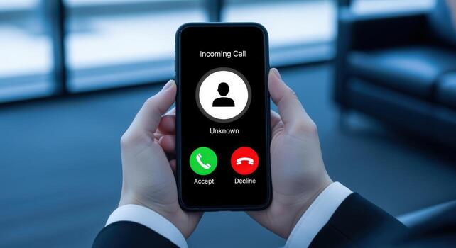 A Person Holding a Smartphone Displaying an Incoming Call Screen with Accept and Decline Options photo