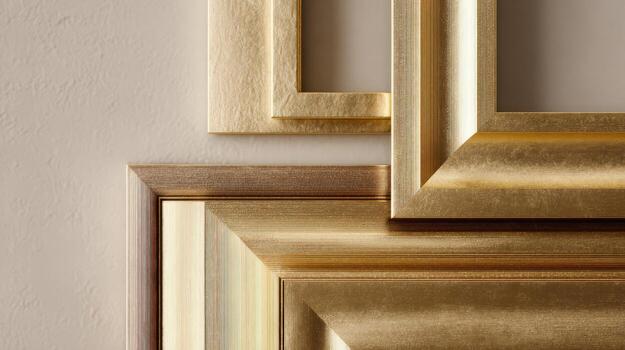 Elegant gold picture frames with intricate detail and depth, perfect for showcasing art and photographs in style photo