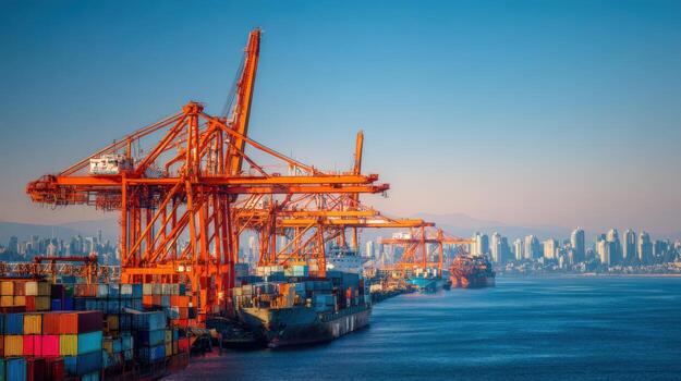 Busy Port Terminal with Cranes and Cargo Containers Ready for Global Shipping and Logistics photo