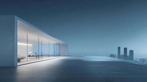 Modern Architecture Office Interior with Cityscape View at Night, Minimalist Design and Open Space Concept photo