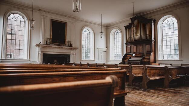 Historic Church Interior with Wooden Pews, Arched Windows, and Pipe Organ Offering a Serene Atmosphere photo