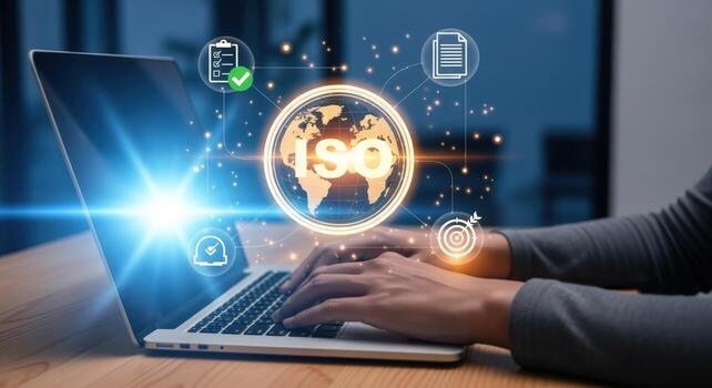ISO Standards on Laptop Business Compliance, Quality Management System, and Global Certification Concept photo