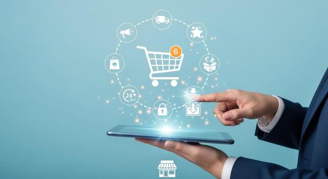 Online Shopping Interface with Modern Technology on a Tablet, Hand Pointing to Screen, Retail Services photo