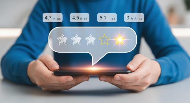 Customer feedback with glowing star rating on a mobile phone, reflecting quality and user satisfaction photo