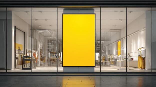 Retail Storefront with Blank Yellow Billboard Mockup for Advertising Display in Modern Shopping Center photo