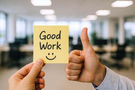 Positive Feedback Close-up of Hands Holding a Note with Good Work in a Modern Office photo