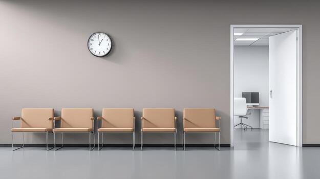 Waiting room with empty chairs and clock on wall, office space interior design and style photo