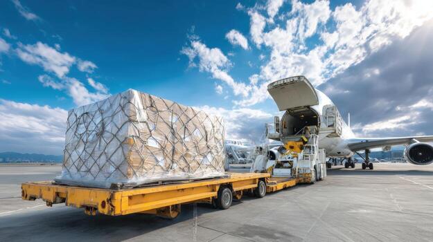 Cargo Airplane Loading with Large Pallet for International Trade and Global Supply Chain photo