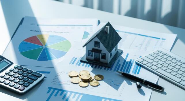 Real Estate Investment Analysis with House Model, Financial Charts, Gold Coins, Calculator and Keyboard on Desk photo