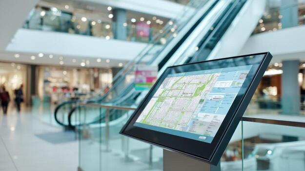 Interactive Digital Information Kiosk at Shopping Mall, Providing Wayfinding and Store Location Assistance to Customers photo