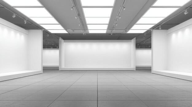 Modern Art Gallery Interior with White Walls, Track Lighting, and Open Space for Display photo