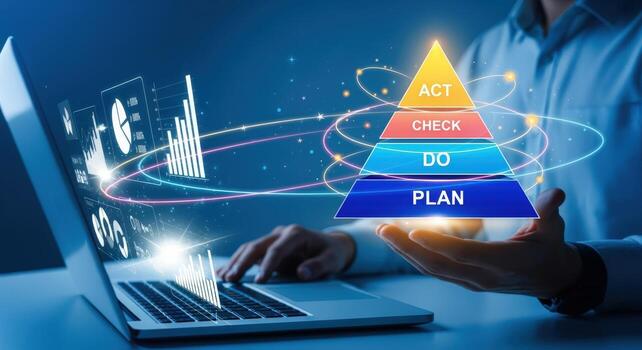 Business Workflow Visualization Man with Laptop Presenting PDCA Cycle Pyramid for Process Improvement photo