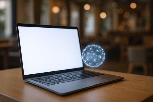Laptop with Blank Screen Display and Digital Globe Visualization on Wooden Table in Cafe photo
