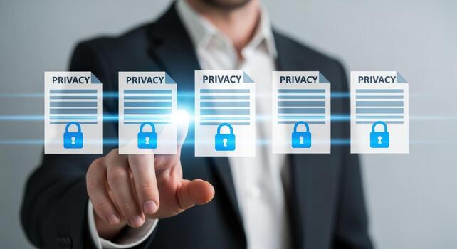 Data Privacy Concept Businessman Protecting Information with Digital Security Measures and Modern Technology Interface photo