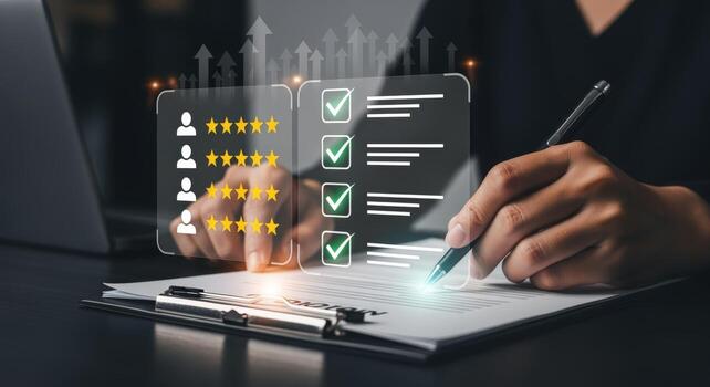 Online Survey Feedback Customer Giving Review Stars and Checkmarks on Digital Interface with Laptop photo