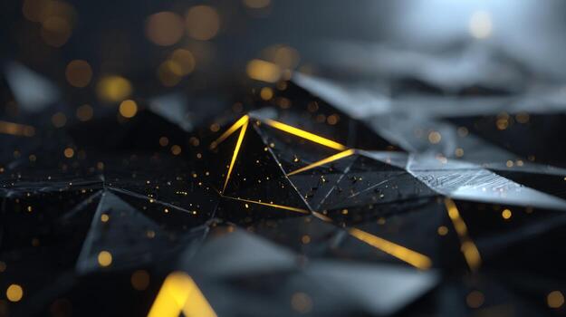 Abstract Geometric Surface with Golden Highlights, Low Poly Design with Dynamic Lighting and Bokeh photo