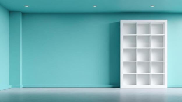Empty Minimalist Interior with Teal Wall and White Shelf, Perfect for Product Mockups and Design Concepts photo