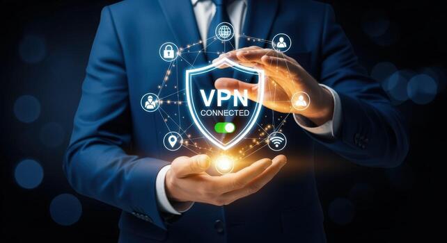Data Security Visualization Businessman Protecting Network Connection with VPN Shield Against Cyber Threats for Secure Transactions photo