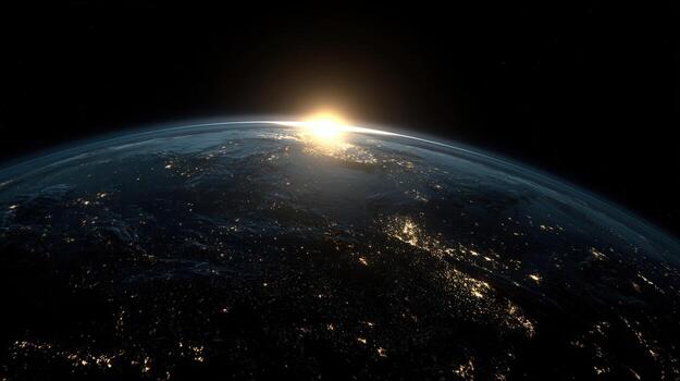 Sunrise Over Earth A Dramatic View from Space Showcasing City Lights and Atmospheric Glow photo