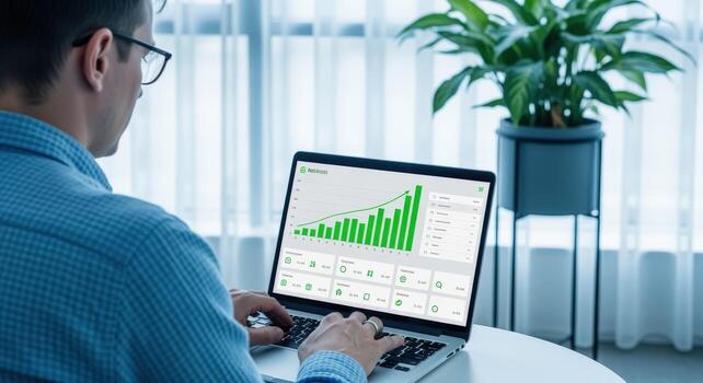 Man Analyzing Business Growth Chart on Laptop Screen at Home Office with Natural Light photo