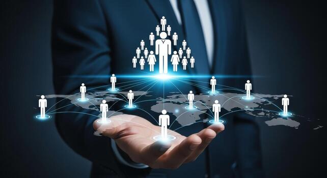 Global Network Concept Man Holding World Map with Connected People Icons Representing Business Connection photo