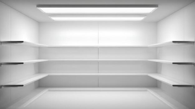 Bright White Minimalist Empty Storefront with Shelves Ready for Product Display and Retail Sales photo