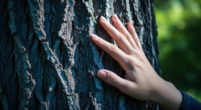 Female Hand Gently Touching Tree Bark in Forest, Showing Connection with Nature and Environment photo
