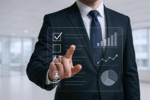 Businessman Navigating Digital Interface with Charts and Checklists for Strategic Planning and Data Analysis photo