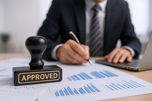 Approved Stamp on Business Chart with Man Signing Document, Symbolizing Authorization and Compliance photo