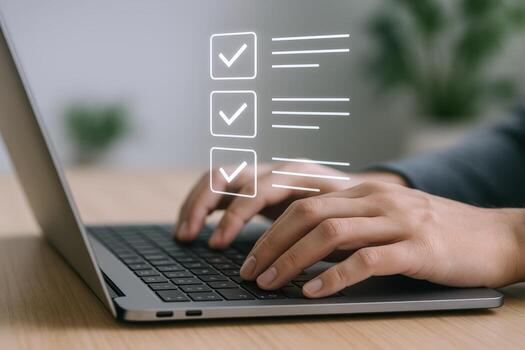 Online Checklist on Laptop Screen Business Professional Completing a Digital Form, Modern Workspace photo