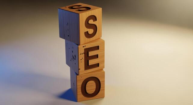SEO wooden block tower concept showcasing search engine optimization strategy, digital marketing, and website analytics for business growth photo