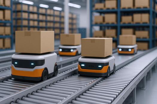 Automated Guided Vehicles Transporting Cardboard Boxes on Conveyor Belts in a Modern Warehouse for Logistics photo