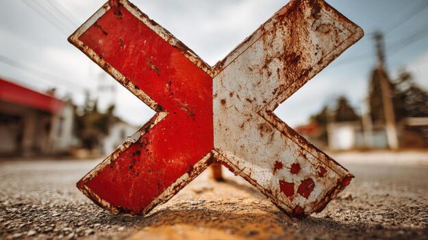 Weathered Railroad Crossing Sign with Red and White Reflectors Affixed to Metal on Asphalt photo