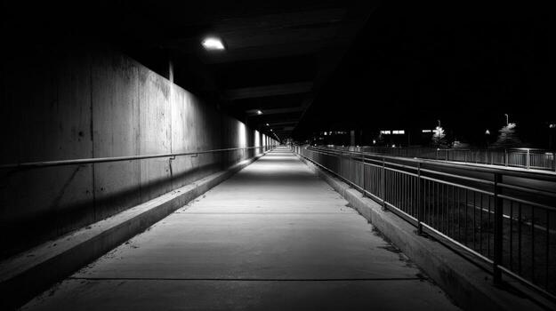 Monochrome Urban Underpass at Night Concrete Tunnel with Pedestrian Walkway and Dim Illumination photo