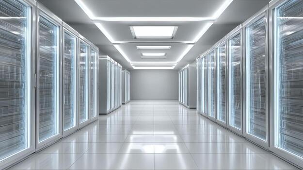 Data Center Interior with Server Racks, Modern Technology Infrastructure and IT Systems for Cloud Computing photo