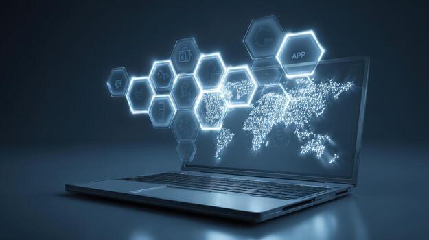 Global Digital Network on Laptop Screen Futuristic Technology and Worldwide Connectivity Concept photo