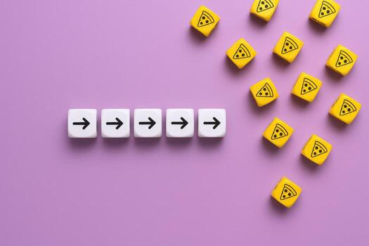 Directional Arrow Dice Leading Towards Pizza Dice on Purple Background, Concept of Choice and Food Preferences photo