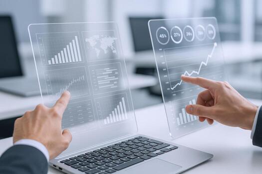 Futuristic Data Analysis Businessman Interacting with Holographic Interface Displaying Financial Charts and Business Analytics photo