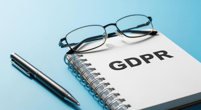 GDPR Compliance Concept Notepad with Pen and Glasses on a Blue Background Depicting Data Protection photo