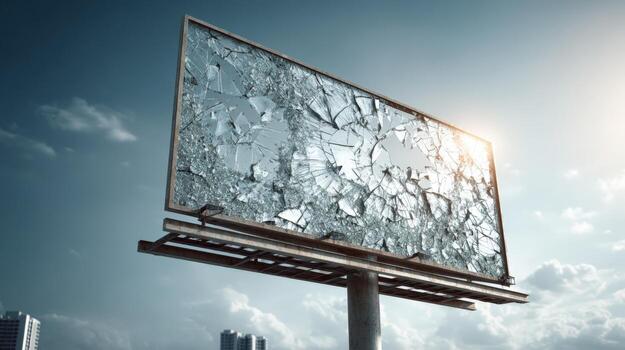Broken Billboard with Shattered Glass Against a Blue Sky, Representing Failure and Damage photo