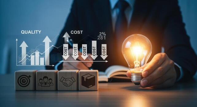 Business Innovation Strategy Quality Improvement, Cost Reduction, and Efficiency with a Light Bulb Idea photo