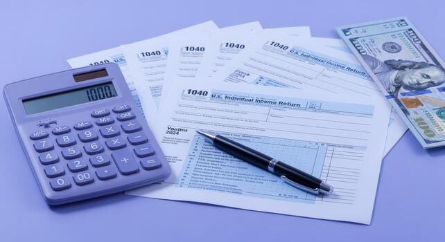 impuesto formar preparación con calculadora, bolígrafo, y dinero - presentación impuestos precisamente y en hora foto