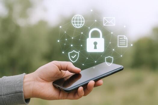 Cybersecurity on Mobile Device Hand Holding Phone with Digital Security Icons Overlay Against Nature photo