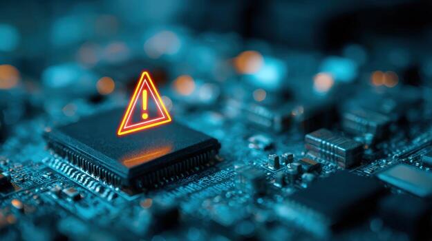 Cybersecurity Threat Warning Symbol on Microchip, Indicating a System Vulnerability or Data Breach on a Circuit Board photo
