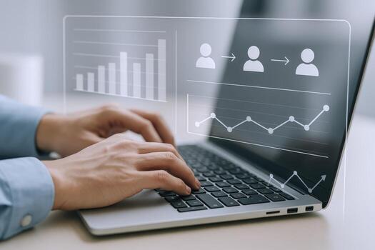 Data Analysis on Laptop with Business Analytics, Graphs, and Workflow Illustrations for Strategic Decision-Making photo