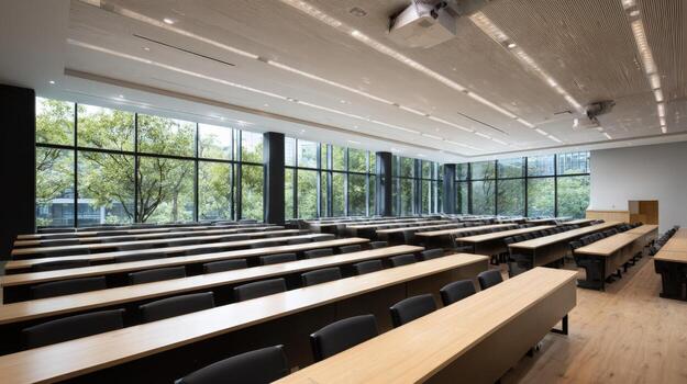 Modern Lecture Hall Interior with Natural Light, Rows of Seating, and Expansive Windows Overlooking Greenery photo