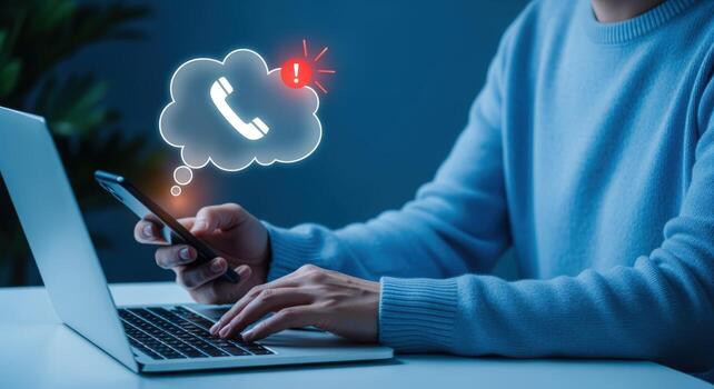 Person Using Smartphone Receiving a Warning About Spam Call on Laptop, Online Scam and Cybercrime photo