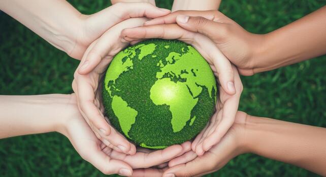 Diverse Hands Embracing Green Earth Globe Symbolizing Environmental Protection, Sustainability, and Global Unity for a Better Future photo