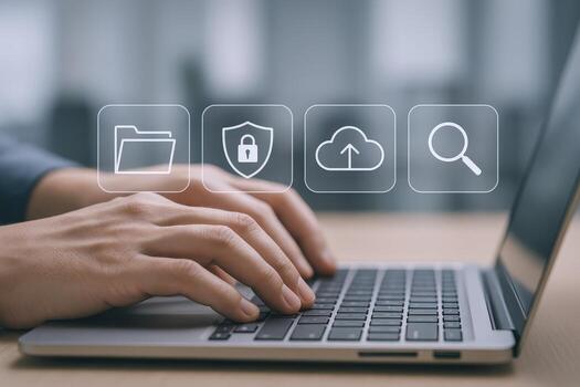 Data Security and Cloud Computing Concept Close-up of Hands Typing on Laptop with Icon Overlay photo